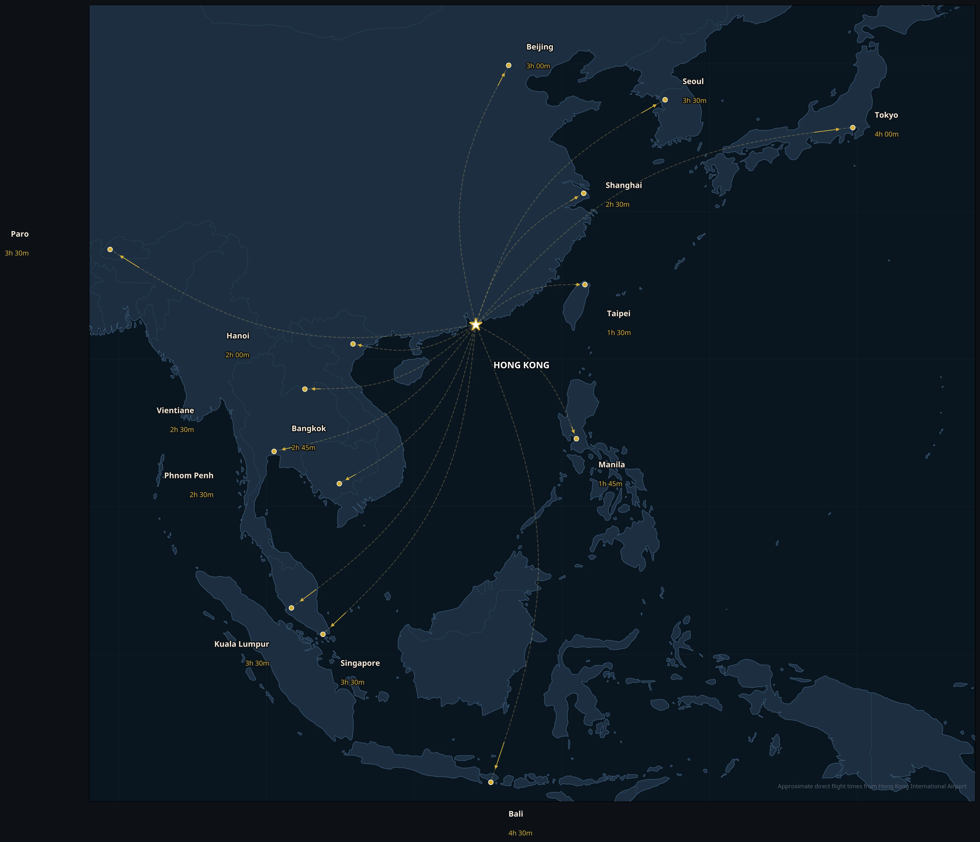 Asia flight map from Hong Kong