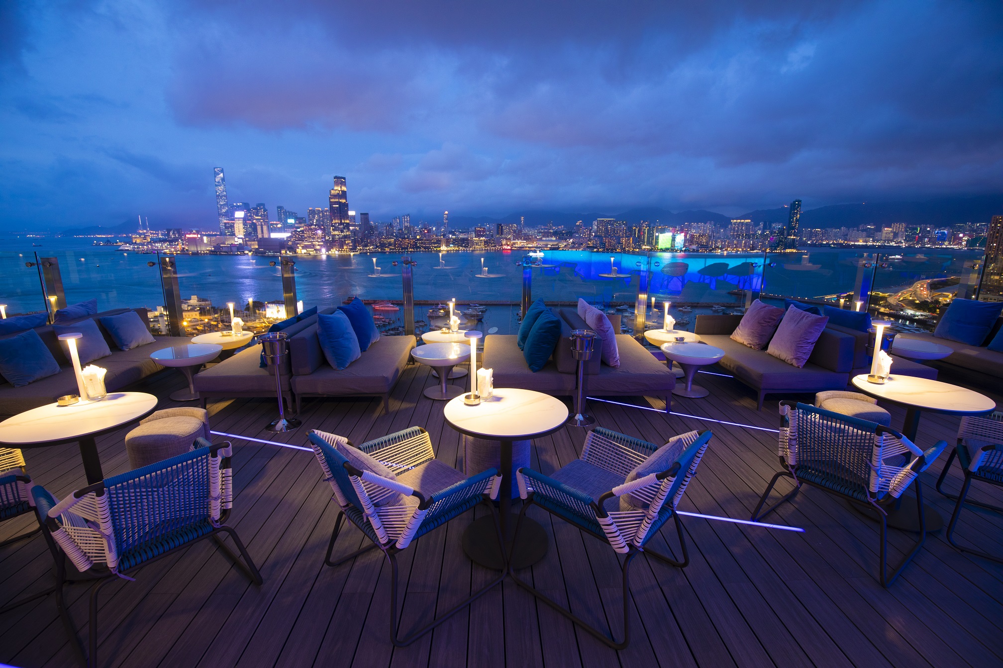 Sky bar at night overlooking Victoria Harbour